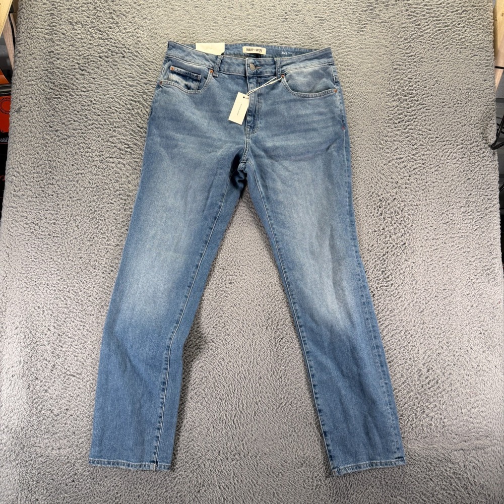 Warp Weft AMS Jeans 34x32 Blue Cotton Denim Straight Slim Faded Workwear Stretch